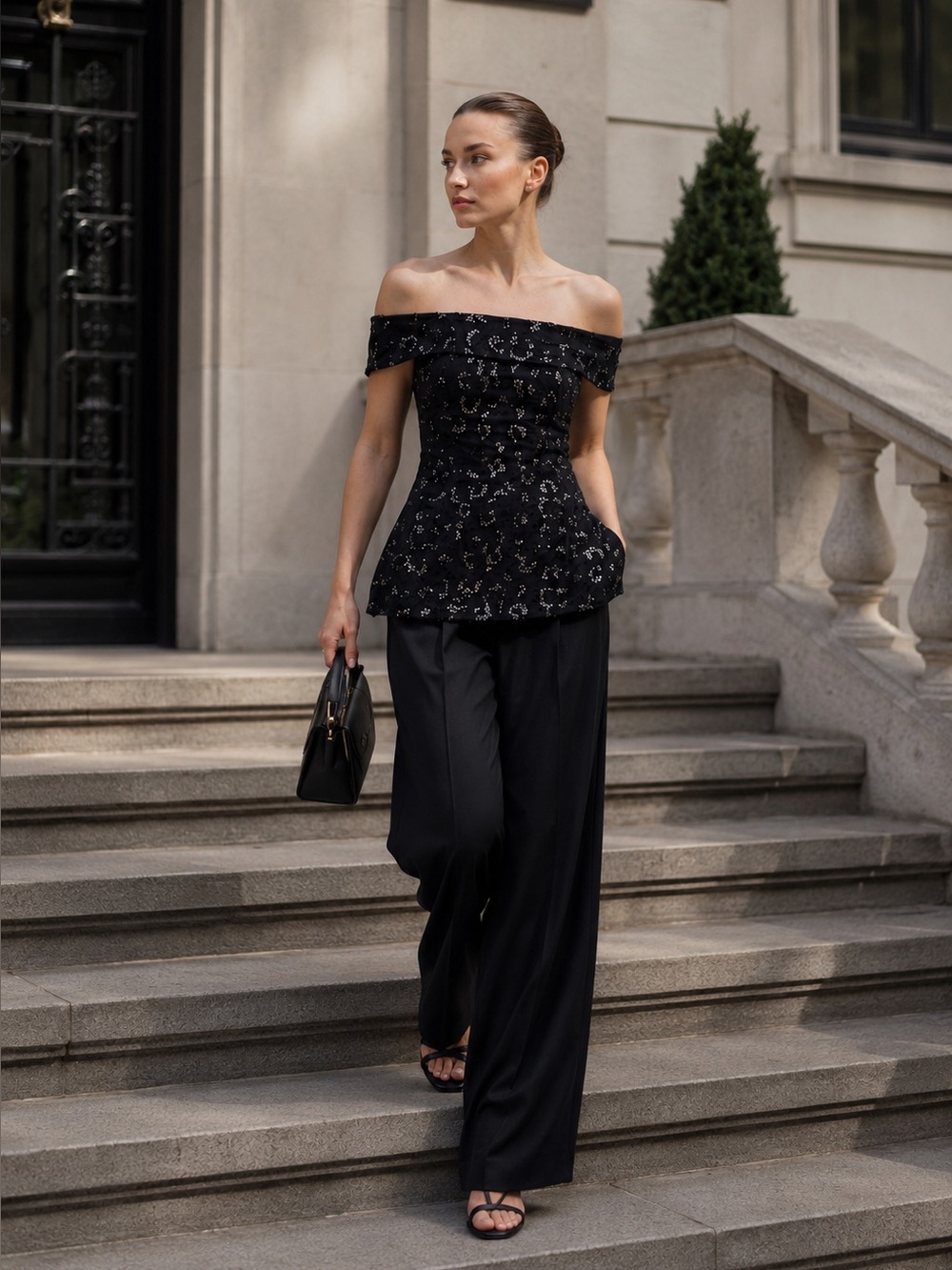 NWT Zara Embellished Off-Shoulder Linen Blend Top in Black Size M